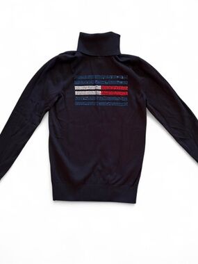 Tommy Hilfiger Black Turtleneck 100%Cotton Women’s Sequins Flag Logo